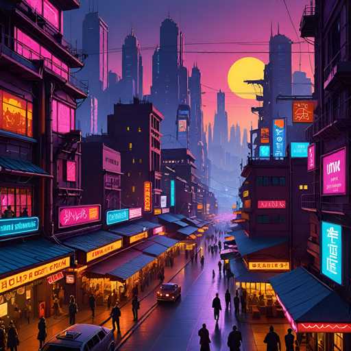 This image depicts a vibrant, futuristic cityscape at sunset, characterized by a blend of neon colors and towering skyscrapers. The sky is painted in hues of pink, purple, and orange, with a large, glowing yellow sun setting behind the buildings. The scene is bustling with activity, featuring numerous people walking along the sidewalks and cars driving down the street. The city is adorned with a variety of neon signs in colors such as pink, blue, yellow, and orange, some of which display text in an Asian language, possibly Japanese or Chinese. The buildings are illuminated with pink lights, adding to the city's dynamic and lively atmosphere. The overall aesthetic suggests a cyberpunk influence, with a mix of modern architecture and a nostalgic nod to 1980s neon aesthetics.