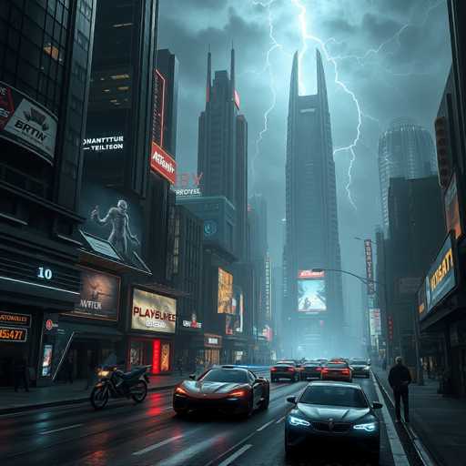 The image depicts a bustling city street at night with tall buildings and neon signs illuminating the scene. The sky is filled with dark clouds, suggesting an impending storm or heavy rain. Cars are driving down the street, their headlights cutting through the darkness as they navigate the wet roads. A motorcycle can be seen parked on the side of the road. In the background, a large building stands tall, its lights glowing brightly against the night sky.