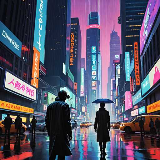 A neon-lit, rain-soaked cityscape dominates the image. Two figures in trench coats walk side-by-side under umbrellas, their backs to the viewer, amidst a vibrant, futuristic Tokyo. Towering skyscrapers are adorned with glowing signs in Japanese and English, reflecting on the wet pavement. The overall style is a blend of cyberpunk and vibrant digital art, emphasizing a bustling, rainy urban environment.