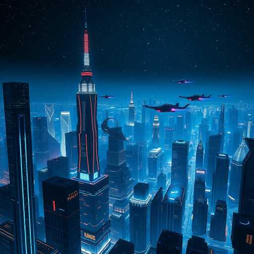 This image depicts a futuristic cityscape at night, characterized by a dark blue sky filled with stars. The scene is dominated by tall, illuminated skyscrapers, with one particularly prominent building on the left side. This skyscraper features a distinctive red and white spire at its top, reminiscent of the Empire State Building, and is adorned with red and blue lights. Surrounding this central structure are numerous other skyscrapers, some of which have illuminated signs, including one that reads "KING" and another that says "PALI."

In the sky, five black flying vehicles, resembling fighter jets or spaceships, are seen hovering, each equipped with red lights on their wings. The overall atmosphere of the image is dark and moody, with the buildings and flying vehicles creating a striking contrast against the starry night sky. The scene evokes a sense of a sci-fi setting, possibly inspired by a video game or a futuristic movie.
