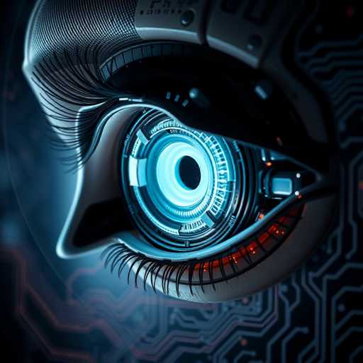 The image depicts a highly detailed, computer-generated close-up of a robotic eye. The eye is predominantly blue, with a central black pupil surrounded by concentric rings of varying shades of blue, from light to dark. The upper eyelid features long, black eyelashes that curve gracefully, while the lower eyelid has shorter lashes. The eye is set within a metallic, silver-toned face, which includes intricate circuitry and small, barely visible buttons. The background is a dark, almost black shade, accentuated by red and blue lines that resemble circuit board patterns, adding to the high-tech aesthetic. The overall composition is square, with the robotic eye dominating the frame, creating a striking and futuristic visual.