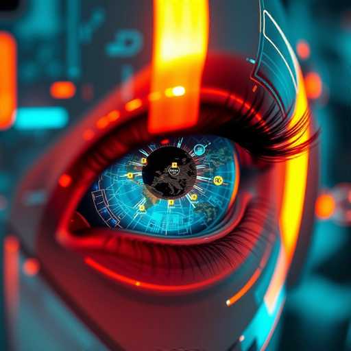 This image depicts a highly detailed, computer-generated close-up of a female robot's eye. The eye itself is strikingly realistic, featuring long, black eyelashes and a deep, dark blue iris. At the center of the iris lies a black circle, resembling a globe, with white lines radiating outward like clock hands. These lines are interspersed with small yellow circles, each containing a unique symbol. Surrounding the eye is a metallic eyelid, which is a blend of red and blue hues, adding to the futuristic aesthetic. The robot's face is framed by a sleek, metallic head, with a prominent red stripe running down the center. The background is blurred, filled with indistinct shapes and lights in shades of blue, orange, and red, enhancing the focus on the eye. The overall composition suggests a sci-fi theme, possibly hinting at a character from a video game or a movie.