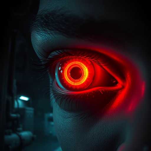 This image is a highly detailed, computer-generated close-up of a human eye, likely belonging to a woman. The eye is strikingly illuminated with a vivid red light, creating a glowing effect around the iris and pupil. The pupil itself is black, surrounded by a yellow ring that transitions into a bright red-orange hue. The sclera, or white part of the eye, is tinged with red, enhancing the dramatic lighting. The eye is framed by long, black eyelashes and a prominent, thick black eyebrow. The surrounding skin is smooth and pale, with a subtle bluish tint, and the eye is slightly turned to the left, revealing a bit of the nose and cheek. The background is dark and blurred, featuring indistinct shapes that resemble machinery or pipes, adding to the eerie atmosphere of the image.