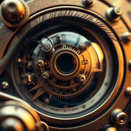 This image showcases a highly detailed, computer-generated depiction of a steampunk-inspired eye. The eye is intricately designed with numerous gears, cogs, and screws, all rendered in a metallic bronze color. The iris is replaced by a complex array of mechanical components, while the pupil is a dark, hollow circle. Surrounding the eye is a circular frame, reminiscent of a watch face, with numbers and markings that add to the mechanical aesthetic. The eyelashes are long, black, and appear to be made of a plastic-like material, giving them a somewhat artificial look. The entire composition is set against a dark background, which accentuates the metallic sheen and intricate details of the eye. The image is square-shaped, with the eye positioned centrally, making it the focal point of this visually striking and imaginative piece.