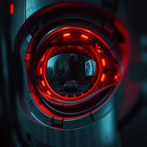 A close-up reveals a futuristic, glowing red lens with intricate, metallic details. The lens's focus draws the viewer into a dark, moody cityscape in the background, showcasing towering skyscrapers bathed in an ethereal light. The composition is sharp and dramatic, creating a visually striking, almost cinematic effect with a gritty texture.