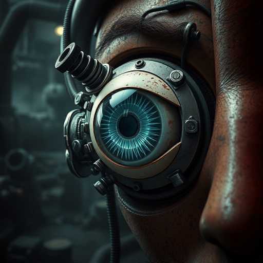 This image depicts a close-up of a person's face, focusing on their right eye, which has been replaced by a mechanical prosthetic. The eye is encased in a circular metal frame, secured with bolts and screws, giving it a distinctly industrial appearance. The iris is a striking blue, with a black pupil at its center, and the surrounding metal shows signs of rust and wear. A cord extends from the top of the mechanical eye, suggesting it is connected to some external power or control source. The person's skin appears dark and somewhat dirty, with visible hair on their face, adding to the gritty, futuristic aesthetic. The background is blurred but hints at a dark, possibly metallic environment, enhancing the overall sense of a dystopian or sci-fi setting.
