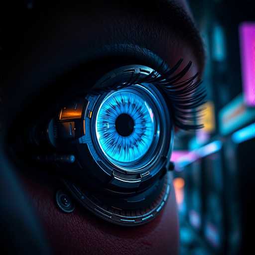 This image depicts a close-up of a woman's eye, which is strikingly replaced by a mechanical lens. The lens is a vivid blue, reminiscent of the iris of a blue eye, and features intricate black lines radiating from the center, mimicking the natural patterns of an iris. The mechanical structure surrounding the lens is sleek and metallic, with a black finish that adds to the futuristic aesthetic. The woman's eyelashes are long and black, providing a stark contrast to the mechanical eye. The background is blurred, suggesting an urban setting with indistinct lights and possibly a building, adding to the overall mysterious and sci-fi ambiance of the image.