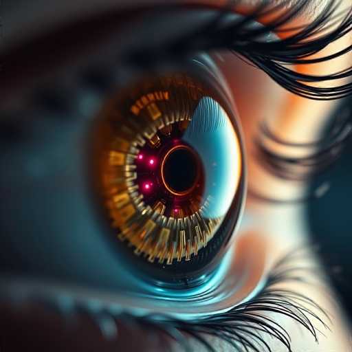 This image is a highly detailed, close-up photograph of a human eye, likely created using AI. The eye is predominantly brown with a striking black pupil at its center. Surrounding the pupil is a thin, golden ring that adds a touch of elegance. The iris features intricate, spiky patterns in shades of gold and orange, with three distinct red dots positioned on the left side. The sclera, or white part of the eye, is visible but appears somewhat artificial, with a bluish tint and a noticeable black spot on the left side. The eyelashes are long, black, and slightly curled, with the upper lashes being more prominent and the lower ones appearing blurry. The skin around the eye is a light tan, and the overall image has a slightly blurred quality, enhancing its surreal, AI-generated appearance.