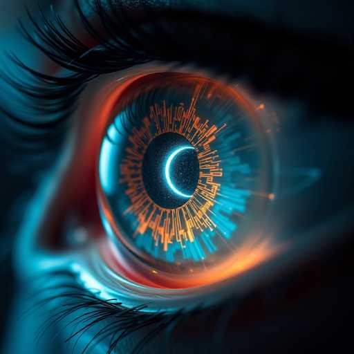 A close-up, digitally rendered eye reveals a futuristic, glowing iris. Swirling, neon-like patterns of light pulse beneath the surface, illuminated by a soft, ethereal glow. The overall style is highly detailed and dreamlike, evoking a sense of wonder and mystery with its vibrant, cinematic aesthetic.