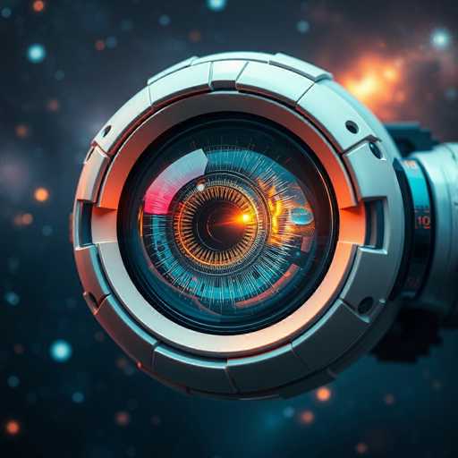 The image depicts a highly detailed, futuristic telescope or camera lens set against a dark, starry background. The device features a prominent, circular lens at its center, surrounded by intricate mechanical components. The lens itself is encased in a metallic frame with a silver outer ring and a black inner ring, which is adorned with various lines and markings. The inner part of the lens displays a vibrant mix of colors, including yellow, blue, and pink, with a distinct yellow dot at the very center. The background is filled with numerous stars, some appearing as bright white dots and others as glowing orange and yellow spots, creating a cosmic ambiance. The overall scene is rich in detail, with the lens appearing to be part of a larger, complex piece of equipment, possibly a high-tech camera or telescope designed for advanced space observation.