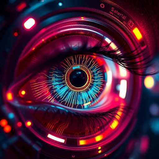 The image shows an eye with a blue center and black outer edges, set against a dark purple background that is illuminated by red and yellow lights. The eye appears to be floating or hovering in the air, creating a sense of depth and dimensionality.