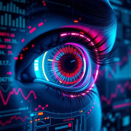 This image depicts a highly detailed, computer-generated close-up of a robotic eye. The eye is predominantly blue, with intricate layers of color including shades of pink, purple, red, and yellow. The pupil is black, surrounded by a complex array of concentric circles and lines in various colors, giving it a futuristic, high-tech appearance. The eyelashes are black, and the eye is framed by a blue eyelid. Surrounding the eye are numerous digital elements, such as bar graphs, line graphs, and pie charts, all rendered in a palette of blues, pinks, and purples. These elements suggest a sophisticated, AI-like interface, possibly from a video game or a digital artwork. The overall composition is square, with the eye positioned centrally, making it the focal point of the image.