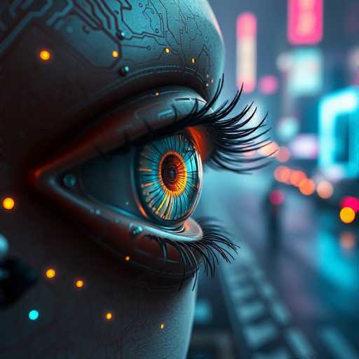 The image depicts a highly detailed, computer-generated close-up of a robotic eye. The eye is set within a metallic, gray face that features intricate circuitry and small orange lights, giving it a distinctly mechanical appearance. The iris is a striking blend of blue and orange hues, with a dark pupil at its center. Surrounding the eye are long, black eyelashes that contrast sharply with the metallic elements. The background is a blurred cityscape, illuminated by neon lights in shades of pink, blue, and orange, suggesting a nighttime setting. The overall composition emphasizes the contrast between the sharp, detailed eye in the foreground and the indistinct, vibrant city behind it.