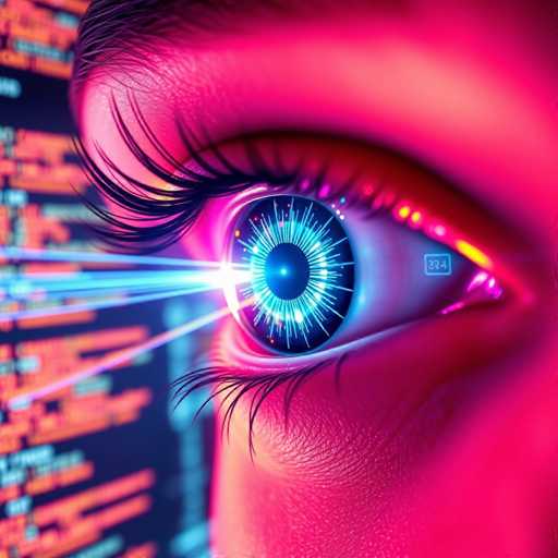 This image is a highly detailed, computer-generated close-up of a woman's eye, which appears to be part of a futuristic or sci-fi themed artwork. The eye is predominantly blue with intricate, light blue lines radiating from the center, giving it a striking, almost otherworldly appearance. The iris features a mix of blue and white hues, with a small white dot at the very center. The eyelashes are long, black, and curled upwards, adding to the dramatic effect. The skin surrounding the eye has a pinkish tint, and there's a small, glowing blue rectangle with the number "324" on the inner corner of the eye. The background is blurred but suggests a high-tech setting, possibly a computer screen or digital display, with indistinct orange and blue text. The overall composition is square, focusing entirely on the eye and its futuristic elements.