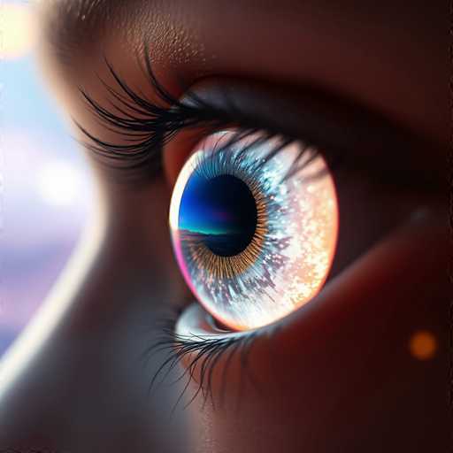 This image is a highly detailed, close-up photograph of a human eye, likely created using AI due to its surreal and fantastical elements. The eye is framed by long, black eyelashes and is set against a backdrop of fair skin. The iris is predominantly white, but it features a striking blue and purple reflection that resembles a miniature galaxy, complete with a dark center and a ring of light blue. Surrounding this central area are intricate patterns of gold and orange, reminiscent of a sunset or a nebula. The pupil is a deep black, adding to the otherworldly appearance. In the background, there is a blurred, dreamy sky with hints of blue, white, and purple, along with a small, indistinct sun in the top left corner. The overall effect is a mesmerizing blend of realistic and fantastical elements, creating a captivating and surreal image.