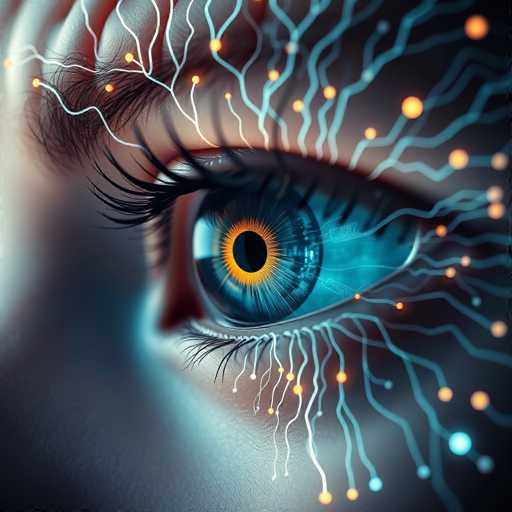 This image is a highly detailed, computer-generated close-up of a human eye, showcasing a blend of realistic and fantastical elements. The eye itself is a striking blue, with a black pupil encircled by a vivid yellow ring. Surrounding the eye are long, black eyelashes and a hint of brown skin. The most captivating feature is the intricate network of white lines extending from the eye, resembling veins or circuitry, adorned with small orange and blue dots. These lines and dots create a sense of the eye being connected to or part of a larger, complex system. The background is a blurred, grayish skin tone, adding to the focus on the eye and its elaborate design. The overall effect is a mesmerizing fusion of organic and technological aesthetics, making the eye appear both beautiful and otherworldly.