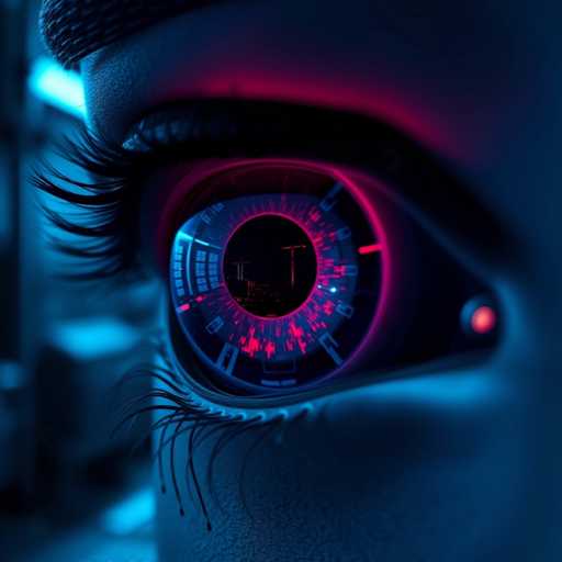 This image is a highly detailed, computer-generated close-up of a woman's eye, which appears to be a fusion of human and mechanical elements. The eye is framed by long, black eyelashes and a dark eyebrow, with a hint of pink eyeshadow. The iris is replaced by a complex, digital display featuring a cityscape with tall buildings and cranes, set against a dark background. This display includes various symbols, numbers, and lines, giving it a futuristic, almost robotic appearance. The eye is surrounded by a glowing pink light, and the skin around it has a bluish tint, adding to the surreal, cybernetic aesthetic. The background is blurred, with indistinct shapes that might be furniture, and a light source in the upper left corner, enhancing the overall mysterious and high-tech ambiance of the image.