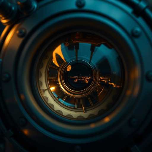 A macro shot reveals a complex, brass-toned mechanical eye, its intricate gears and lenses focusing on a distant cityscape bathed in warm light. The composition is shallow depth of field, emphasizing the detailed texture and craftsmanship of the mechanical eye against a soft, blurred background. The overall aesthetic is industrial yet ethereal, with a cinematic quality that evokes a sense of wonder and technological precision.
