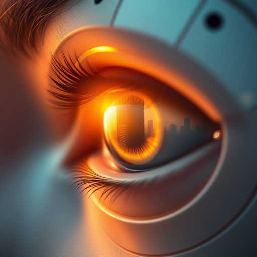 This image is a detailed, computer-generated close-up of a female face, focusing primarily on her eye. The eye is strikingly orange and features a reflection of a city skyline, including skyscrapers and smaller buildings, suggesting she is gazing out a window. The iris is a vivid orange, while the pupil is a darker shade, and the sclera is a lighter orange. Surrounding the eye is a metallic, robotic structure with a grayish-blue hue, complete with ridges and circular patterns. The eyelashes are long and black, and a portion of her brown eyebrow is visible in the top left corner. The overall composition blends realistic and futuristic elements, creating a captivating and somewhat surreal visual effect.
