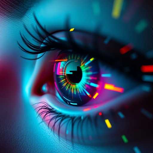 This image features a close-up of a human eye, with the outer edges of the frame blurred to focus attention on the central details. The eye is predominantly blue, with a striking black pupil at its center. Surrounding the pupil are vibrant, multicolored lines that resemble a rainbow, featuring hues of yellow, green, blue, pink, and red. These lines create a dynamic, almost hypnotic effect. The eye's eyelashes are long and black, adding to the overall intensity of the gaze. The skin around the eye is a light, pale white, providing a stark contrast to the vivid colors within the eye. The image is square in shape, capturing the eye in a captivating and detailed manner.