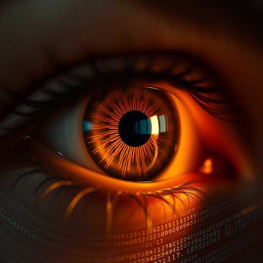 A hyper-detailed, close-up digital eye illustration dominates the frame. The iris is a vibrant orange, intricately patterned with glowing, fiery lines resembling data streams or neural networks. The pupil is a deep, reflective black, mirroring the digital patterns within.  The surrounding sclera is a warm, golden hue, subtly illuminated by an orange glow emanating from within.  A faint, blurred overlay of binary code and digital data wraps around the eye, suggesting a connection to artificial intelligence and machine learning. The overall style is futuristic and ethereal, with a sharp focus on the eye's intricate details and the interplay of light and shadow. The composition is dramatic, drawing the viewer into a world of digital consciousness.
