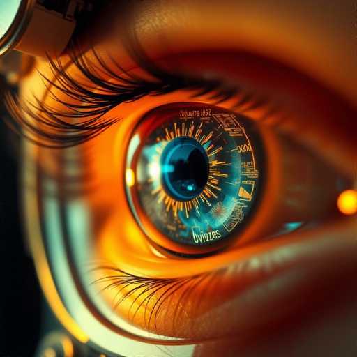 This image features a close-up of a human eye, with the iris displaying a striking orange hue. The pupil is a deep black, surrounded by a blue ring that adds depth to the eye. Intriguingly, the iris is adorned with various markings, including lines and numbers, giving it a unique, almost mechanical appearance. The eyelashes are long and black, adding contrast to the vibrant iris. The eye is framed by the upper and lower eyelids, which are visible in the image. The background is a blurred mix of orange and black tones, with a small, distinct yellow circle on the right side, adding a touch of mystery to the overall composition.
