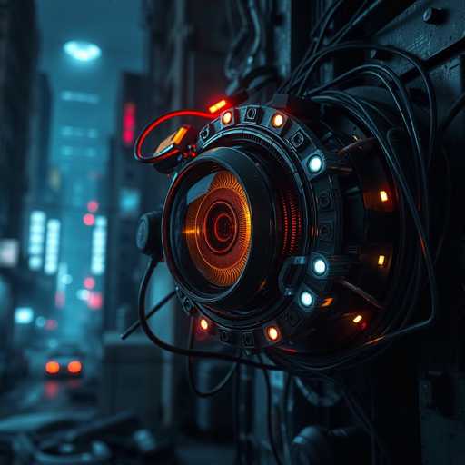 The image depicts a futuristic, AI-powered surveillance camera mounted on the side of a building in a bustling city at night. The camera, which has a distinct orange and black color scheme, features a large lens surrounded by a circular array of small lights. These lights are arranged in a pattern, with some illuminated in white and others in orange, giving the camera an advanced, high-tech appearance. The camera is connected to a network of wires that extend from its base, emphasizing its integration into the city's infrastructure. The background is blurred, showcasing tall buildings and a street with a car, enhancing the sense of urban surveillance. The overall scene is dark, with the camera's lights and the city's ambient glow providing the primary illumination, creating a striking contrast between the cutting-edge technology and the urban environment.