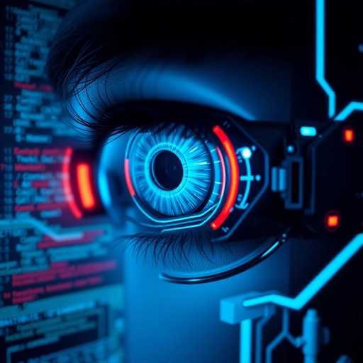 The image depicts a highly detailed, futuristic robotic eye set against a dark blue background. The eye, which appears to be part of a larger mechanical structure, features a black pupil surrounded by intricate blue and white lines that resemble the iris. The eyelashes are black, adding to the lifelike appearance. On the right side of the eye, there are two red lights, and on the left side, there is a single red light. The eye is framed by a black border, and the surrounding area includes various mechanical components, including a black metal piece with a blue line running through it. To the left of the eye, there is a screen displaying text in white and red, which appears to be part of a computer interface. The overall aesthetic suggests a blend of advanced technology and human anatomy, creating a striking and somewhat eerie visual.