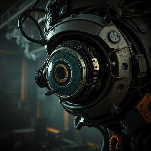 The image depicts a highly detailed, computer-generated scene of a futuristic, spherical robot with a large, central camera lens that resembles an eye. The robot, which is predominantly black with hints of blue and gold, features intricate mechanical components, including wires and cables extending from its body. It appears to be situated in a dark, industrial environment, possibly a warehouse or factory, with metal structures and boxes visible in the background. The setting is shrouded in a smoky, hazy atmosphere, adding to the mysterious and high-tech ambiance. The robot's design suggests it could be a piece of advanced machinery or even a robotic entity, with its eye-like lens and complex appendages hinting at both observation and potential mobility.