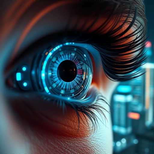 This image is a highly detailed, close-up photograph of a human eye, which appears to be a cybernetic or robotic implant. The eye is predominantly black with intricate blue and pink lines radiating from the center, resembling a high-tech lens. Surrounding the iris are numerous small, square-shaped blue lights, adding to the futuristic aesthetic. The eyelashes are long, black, and curled upwards, giving the eye a striking appearance. The skin around the eye is light-colored, with visible texture and subtle shadows. In the background, there are blurred, glowing objects in shades of blue, orange, and white, suggesting a high-tech environment. The overall composition is square, with the eye positioned slightly to the left of center, and the image exudes a sense of advanced technology and cyberpunk elements.