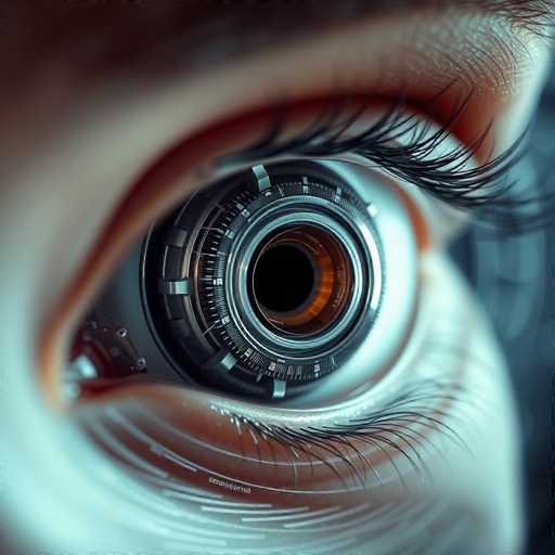 The image shows a close-up view of an eye with a black and silver lens inside it. The lens is encased within a circular frame that has a black center surrounded by silver lines. The background appears to be a blurred blue color.