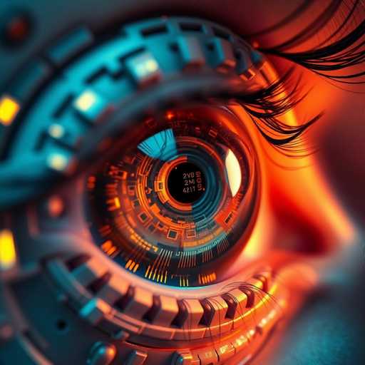 This image depicts a highly detailed, computer-generated graphic of a futuristic, bionic eye. The eye is predominantly metallic, with intricate circuitry and gears visible within its structure. The iris features a complex pattern of orange and blue lights, interspersed with digital readouts displaying numbers such as "2YB," "2M," "1G," and "4216." The eye's surface is adorned with small, glowing orange lights and metallic components, giving it a high-tech appearance. Surrounding the eye, the skin is visible, with long eyelashes extending from the top and bottom. The overall color scheme transitions from a cool blue on the left side to a warm orange on the right, enhancing the eye's dynamic and futuristic aesthetic.