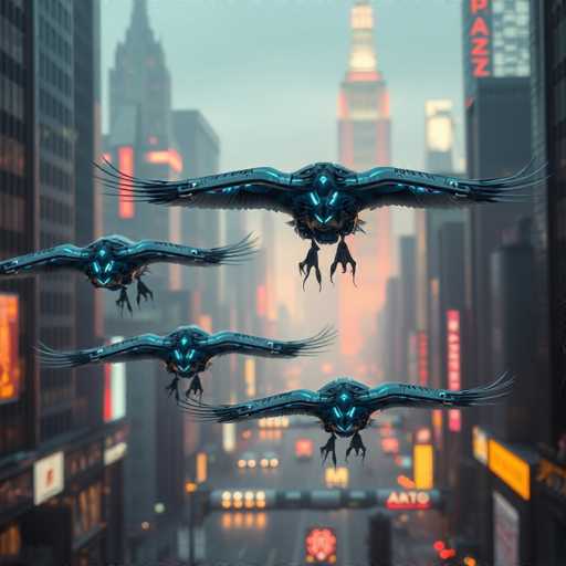 The image depicts a futuristic cityscape at dusk, with towering skyscrapers adorned with vibrant neon signs in hues of red, yellow, and orange. The city's streets are illuminated by the glow of car headlights and taillights, creating a dynamic urban atmosphere. In the foreground, four mechanical birds, resembling metallic eagles with spread wings, soar through the air. These birds have a distinct design, featuring a blue face with a V-shaped mouth, a black beak, and black legs. Their wings are adorned with feathers at the tips, adding to their avian appearance. The birds' bodies are primarily blue, with intricate black markings and a glowing blue light emanating from their centers. The scene is a blend of high-tech and organic elements, capturing a moment of futuristic avian flight against the backdrop of a bustling city at night.