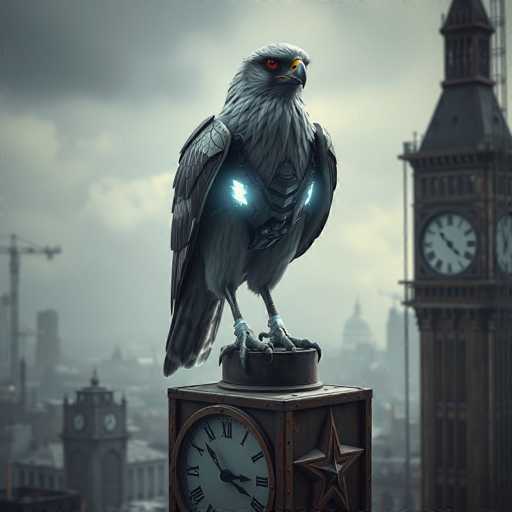 The image depicts a majestic eagle perched atop an ornate clock tower. The eagle is adorned with glowing blue wings and a red beak, giving it an otherworldly appearance. The clock tower itself is a marvel of architecture, featuring two large clocks on either side - one on the left and another on the right. The background of the image reveals a cityscape under a cloudy sky, providing a stark contrast to the ethereal presence of the eagle perched atop the clock tower.
The style of the image can be described as surreal or dreamlike, with elements that defy conventional reality.