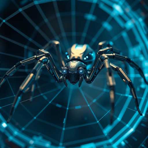 The image depicts a highly detailed, computer-generated scene of a futuristic, robotic spider. The spider, which has a metallic, silver body with a black head, features eight legs and two glowing blue eyes. Its head is adorned with a small, upside-down V-shaped mouth and a distinctive M-shaped marking on its forehead. The spider is positioned at the center of a large, intricate web that appears to be made of glowing blue lines, creating a striking contrast against the dark background. The web's design is complex, with concentric circles and radiating lines, giving it a high-tech, almost digital appearance. The overall color palette of the image is dominated by shades of blue, black, and gray, enhancing the futuristic and mechanical aesthetic of the scene.