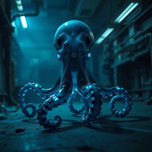 The image depicts a highly detailed, computer-generated octopus with a distinctly mechanical appearance. The octopus features a metallic, silver body with a reflective surface that catches the light, giving it a futuristic look. Its tentacles are adorned with numerous small, circular structures that resemble suction cups, and the entire body is illuminated by a soft blue light, enhancing its otherworldly aesthetic.

The octopus is positioned on a dark, concrete floor, which appears to be part of a dimly lit, industrial setting. The background is intentionally blurred, creating a sense of depth and focusing attention on the octopus. Despite the blur, one can discern the presence of fluorescent lights on the ceiling, adding to the industrial ambiance. The overall color palette of the image is dominated by shades of blue, gray, and black, contributing to the eerie and mysterious atmosphere.