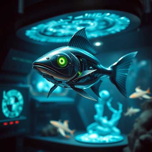 A sleek, bio-mechanical fish with glowing green eyes and robotic fins gracefully swims through a futuristic, high-tech aquarium. The scene is bathed in soft, ambient lighting with a hyper-realistic, cinematic focus, showcasing a vibrant, otherworldly aesthetic.