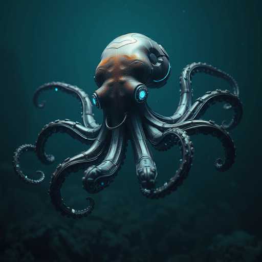 The image depicts a highly detailed, computer-generated octopus with a distinctly mechanical appearance. Its body is primarily black with a metallic sheen, and it features eight tentacles adorned with small, circular lights that resemble eyes. The head of the octopus is particularly striking, with a design reminiscent of a human face, complete with a nose and mouth. The eyes are large and illuminated, giving it an eerie, lifelike quality. The background is a dark, murky blue, suggesting an underwater setting, with hints of a rocky ocean floor visible at the bottom. The overall scene is both captivating and unsettling, blending elements of marine life with advanced technology.