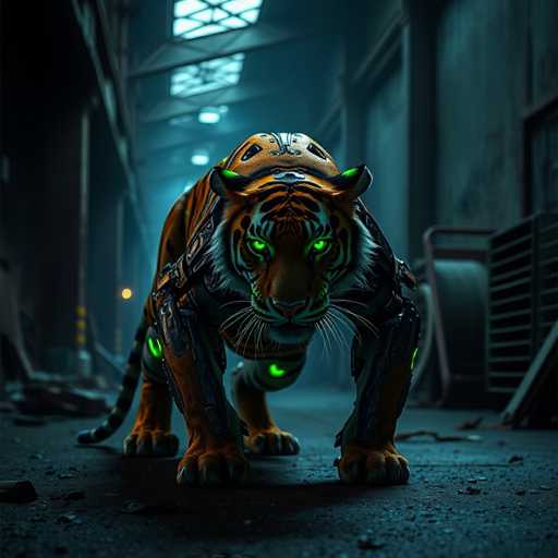 The image depicts a highly detailed, computer-generated scene of a tiger standing in the middle of a dark, industrial warehouse. The tiger, which appears to be a fusion of organic and mechanical elements, has striking green eyes and a body adorned with orange fur and black stripes. Its front legs are covered in metal armor, and its back features a shell-like structure. The tiger's tail is black and white striped, and it has white whiskers. The warehouse setting is dimly lit, with a bluish-green hue, and features a concrete floor littered with debris. The background includes a large metal vent on the right side, a dolly with a tire, and a wall with a door. The tiger is facing the camera directly, creating a sense of confrontation.