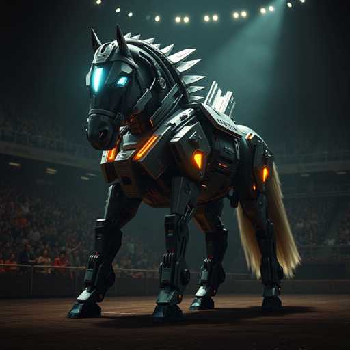 The image depicts a highly detailed, computer-generated robotic horse standing in a large, dimly lit arena. The arena features a dirt floor and is packed with spectators in the stands, which are illuminated by spotlights from above. The robotic horse, primarily black with metallic components, has glowing blue eyes and a mane of white hair. Its body is adorned with orange lights, particularly around its chest and legs, and it has a distinctive white tail. The horse's head is slightly tilted downward, and it appears to be looking towards the left side of the image. The overall scene is dark, with the arena lights and the horse's glowing features creating a striking contrast against the shadowy background.