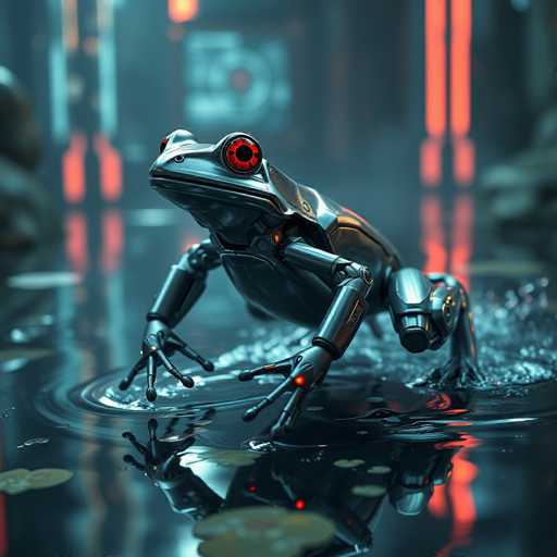 The image depicts a highly detailed, computer-generated scene of a robotic frog emerging from a body of water. The frog, which appears to be made of a dark gray or black metal, has striking red eyes with black pupils and a sleek, mechanical design. Its front legs are extended forward, with three fingers on each hand, while its back legs are partially submerged in the water, creating ripples and splashes. The frog's mouth is closed, and it has a smooth, shiny surface that reflects the ambient light. The water around the frog is dark and reflective, with lily pads floating nearby. In the background, there are blurred, futuristic buildings with neon lights in shades of orange and blue, adding to the high-tech atmosphere of the scene. The overall composition suggests a blend of natural and technological elements, creating a surreal, almost dystopian environment.