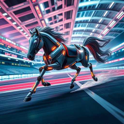 The image depicts a futuristic scene featuring a horse-like robot with metallic blue and orange colors running on a track at night. The robot is captured mid-stride, giving the impression of motion as it moves across the frame. The background is dark and illuminated by neon lights, creating an otherworldly atmosphere that complements the robot's futuristic appearance.