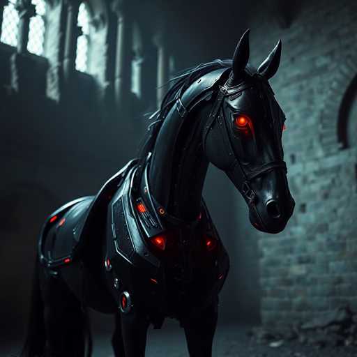 The image depicts a highly detailed, computer-generated scene of a robotic horse standing in the center of a grand, medieval-style castle. The horse, which appears to be made of sleek black metal, features glowing red eyes and illuminated red accents on its neck, chest, and back. Its ears are perked up attentively, and it wears a bridle with a strap around its nose. The castle's interior is constructed from gray stone, with a large arched window on the left side allowing light to filter through, casting a dramatic glow on the scene. The floor beneath the horse is gray, and the overall atmosphere is dark and moody, with the robotic horse as the focal point. The image is devoid of any text, emphasizing the striking contrast between the futuristic horse and the ancient castle setting.