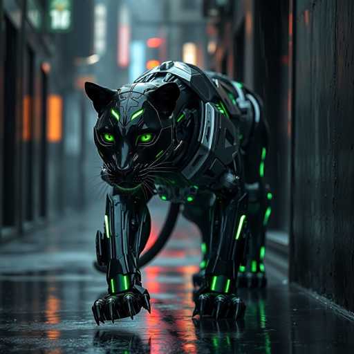 The image depicts a highly detailed, computer-generated robotic cat with a sleek, black metallic body. Its design is reminiscent of a panther, featuring a long, slender tail and a face with striking green eyes that glow ominously. The cat's paws are equipped with sharp, black claws, adding to its menacing appearance. Green lights accentuate various parts of its body, including its eyes, mouth, and legs, creating a vivid contrast against the dark, reflective surface it stands on. The background is blurred, suggesting a nighttime urban setting with indistinct buildings and neon lights, enhancing the futuristic and somewhat eerie atmosphere of the scene.