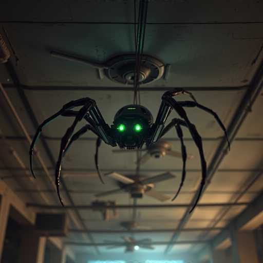 The image depicts a large, menacing spider hanging from the ceiling of a dimly lit room. The spider, which appears to be a mechanical or robotic model, has a sleek black body with eight long, spindly legs. Its most striking feature is the pair of glowing green eyes that emit an eerie light, giving it an unsettling appearance. The room itself is sparse, with a white ceiling adorned with several ceiling fans, one of which has a light fixture. The walls are painted a muted brown, and the space is illuminated by a faint blue light emanating from the bottom of the image, adding to the overall eerie atmosphere.