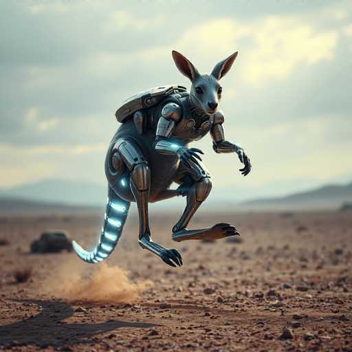 The image depicts a highly detailed, computer-generated scene of a mechanical kangaroo in mid-leap across a barren, rocky desert landscape. The kangaroo, which has a metallic body with glowing blue lights, features a long tail, large ears, and a face that appears to be a blend of mechanical and organic elements. Its limbs are equipped with joints and metal components, and it has a backpack-like structure on its back. The kangaroo's front paws are extended forward while its back paws are trailing behind, creating a dynamic sense of motion. The ground beneath it is dusty, with a cloud of dust rising from its powerful jump. In the background, a blurred, indistinct vehicle can be seen, adding to the surreal and futuristic atmosphere of the scene. The sky above is a mix of blue and gray, with clouds that suggest either dawn or dusk, enhancing the overall mood of the image.