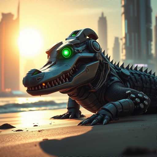 A highly detailed, computer-generated image depicts a futuristic, robotic alligator emerging from the beach at sunset. The mechanical creature, with its metallic body and glowing green eyes, stands on the wet sand, its sharp claws poised for movement. The alligator's head is turned to the left, showcasing its menacing, jagged teeth and a series of spikes running along its back. The background features a serene beach scene with gentle waves lapping at the shore, tall skyscrapers silhouetted against the sky, and the sun setting on the left side, casting a warm glow over the entire scene.