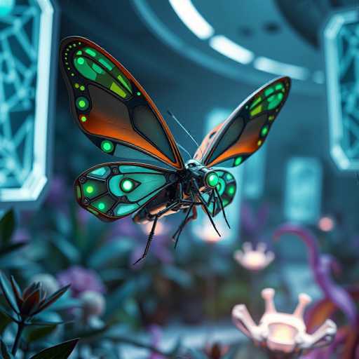 The image depicts a highly detailed, computer-generated scene of a futuristic, indoor environment. The setting appears to be a large, open space with a high ceiling, reminiscent of a greenhouse or a high-tech facility. The background is slightly blurred, but you can discern various plants, including some with purple flowers and others with green leaves. The walls are adorned with blue, geometric patterns that add to the high-tech ambiance.

At the center of the image is a striking, robotic butterfly. This mechanical creature has a metallic body with intricate, jointed legs that are black and silver. Its wings are a vibrant mix of colors: the top wings are predominantly green with black and orange accents, while the bottom wings are a lighter green with hints of blue. The butterfly's eyes are glowing green, and it has two antennae extending from its head. The overall design of the butterfly combines organic and technological elements, creating a captivating focal point in the scene.