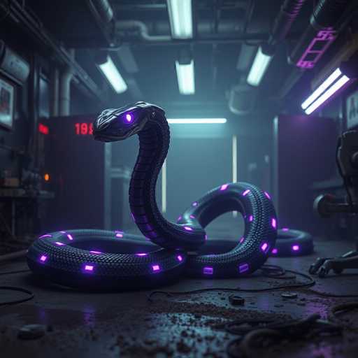 The image depicts a large snake with purple and black scales coiled around itself on the floor of an industrial setting. The snake is facing towards the right side of the frame, giving the impression that it's about to strike or slit its head open in a defensive posture. In the background, there are two machines - one on the left side and another on the right side, both emitting a soft glow from their lights. A red sign with white numbers is also present in the scene.
