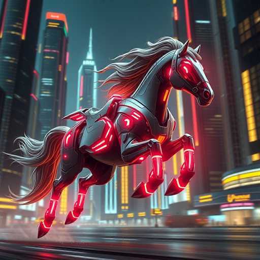 A sleek, cybernetic horse gallops through a futuristic cityscape. The horse is dark and metallic with glowing neon accents, its mane flowing dramatically. Tall, brightly lit skyscrapers dominate the background, creating a vibrant, high-tech atmosphere with a sharp, hyper-realistic style.